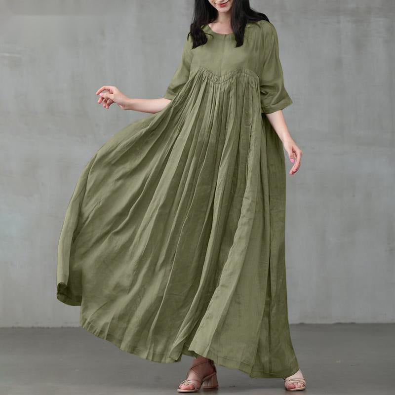 Cotton And Linen Pullover Round Neck Big Swing Solid Color Dress