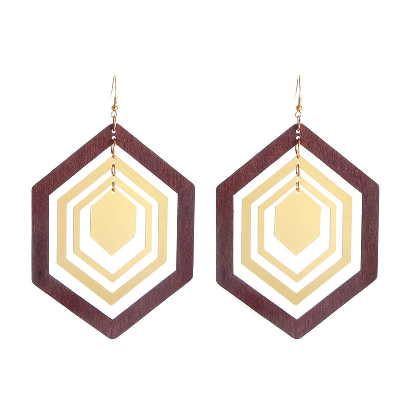 Retro Elegant Wood Hexagonal Geometric Earrings