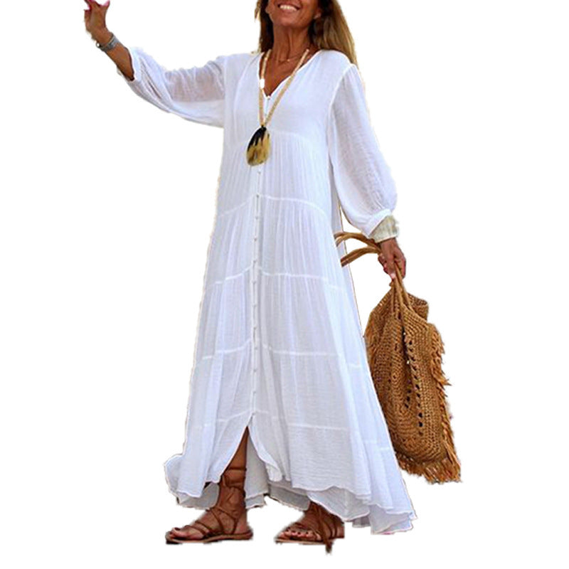 Women's V-neck Long-sleeved Cotton And Linen Dress