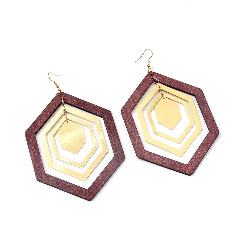 Retro Elegant Wood Hexagonal Geometric Earrings