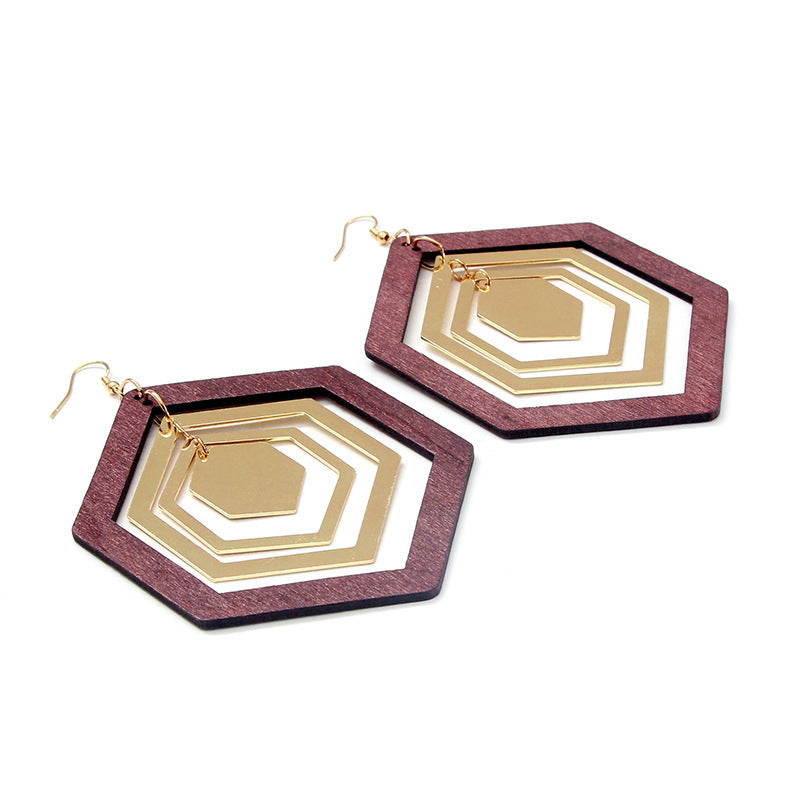 Retro Elegant Wood Hexagonal Geometric Earrings