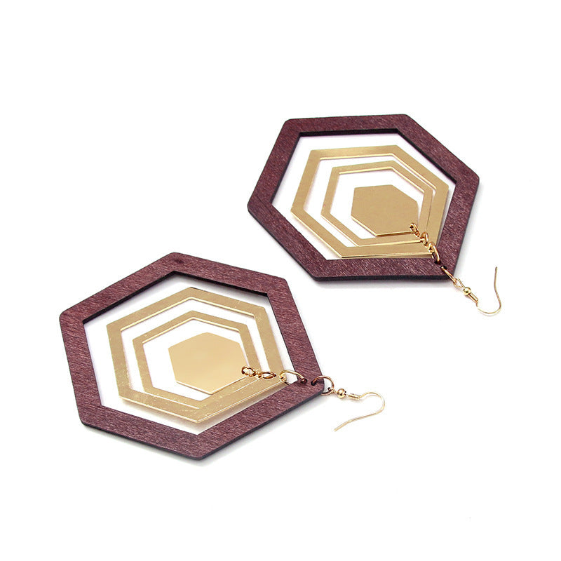 Retro Elegant Wood Hexagonal Geometric Earrings