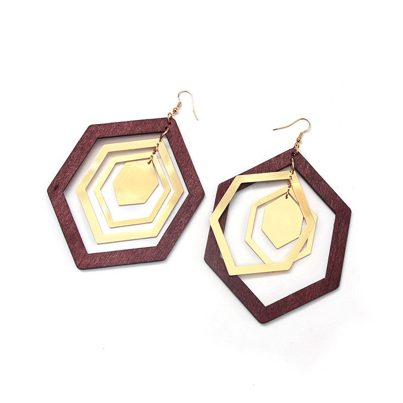 Retro Elegant Wood Hexagonal Geometric Earrings