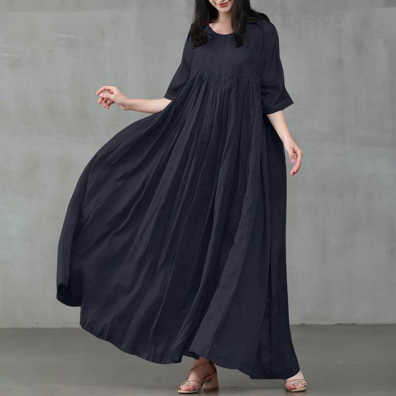 Cotton And Linen Pullover Round Neck Big Swing Solid Color Dress