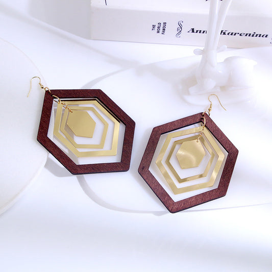 Retro Elegant Wood Hexagonal Geometric Earrings