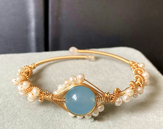 14K GoldWrapped Handmade Bracelet H Baohai Sapphire Natural White Pearl Bracelet