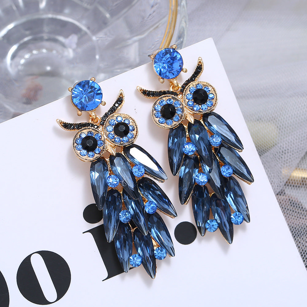 Owl Long Earrings Retro blue exaggerated Glass Rhinestone