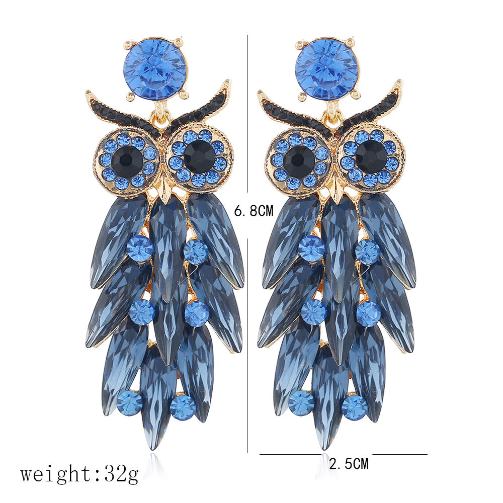 Owl Long Earrings Retro blue exaggerated Glass Rhinestone